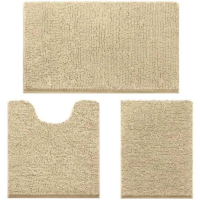 HOMEIDEAS 3 Pieces Bathroom Rugs, Ultra Soft Non Slip Absorbent Chenille Toilet Bath Mat Set (Beige) by HOMEIDEAS - Image 1