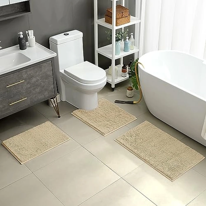HOMEIDEAS 3 Pieces Bathroom Rugs, Ultra Soft Non Slip Absorbent Chenille Toilet Bath Mat Set (Beige) by HOMEIDEAS - Image 2