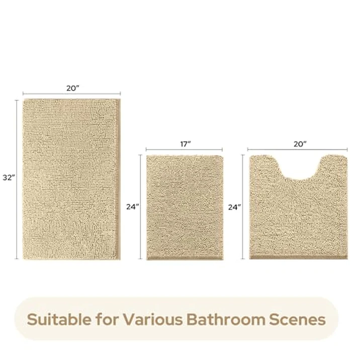 HOMEIDEAS 3 Pieces Bathroom Rugs, Ultra Soft Non Slip Absorbent Chenille Toilet Bath Mat Set (Beige) by HOMEIDEAS - Image 5