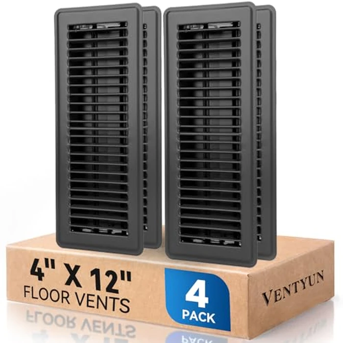 VENTYUN 4" x 12" Floor Register Vent Covers 4-Pack, Walkable Powder-Coated Metal Vent Covers with Adjustable Airflow, Curved Safe Edges for Floor/Wall, Black by Ventyun - Used - Acceptable condition - CA$22.02