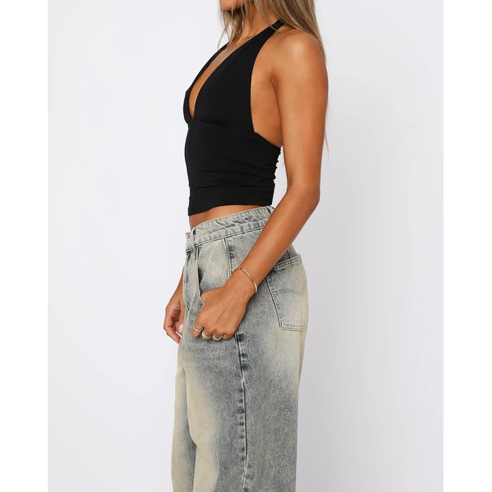 TiulZial Womens Backless Halter Tops Deep V Neck Sexy Crop Tank Top Open Back Sleeveless Slim Fit Y2k Summer Tops Black Crop Top,S by TiulZial - Image 1