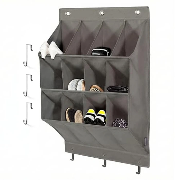NELLHOMY Over the Door Shoe Organizer, Grey 12 Pockets Hanging Shoe Storage Rack with Large Deep Pockets, Oxford 600D Fabric Shoe Storage Rack with 6 hook for Shoes, Home Accessories etc by NELLHOMY - Used - Like New condition - US$18.04