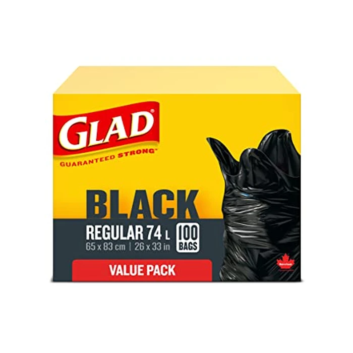 Glad Black Garbage Bags - Regular 74 Litres - Value Pack, 100 Trash Bags, Made in Canada of Global Components by Glad - Used - Like New condition