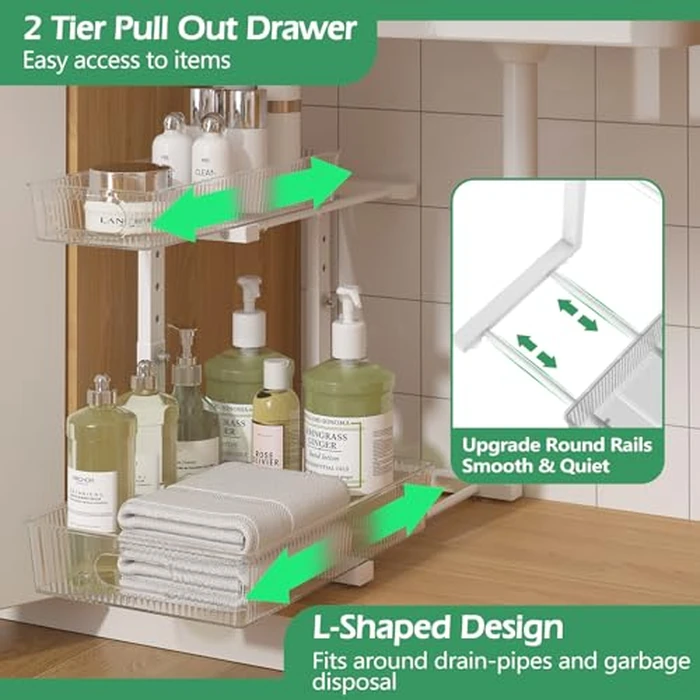 ADRIMER Under Sink Organizer 2 Packs, Pull Out Kitchen Sink Organizer Height Adjustable, 2 Tier Slide Out Kitchen Organizers and Storage Metal Cabinet Storage Shelf, Transparent & White by ADRIMER - Image 2