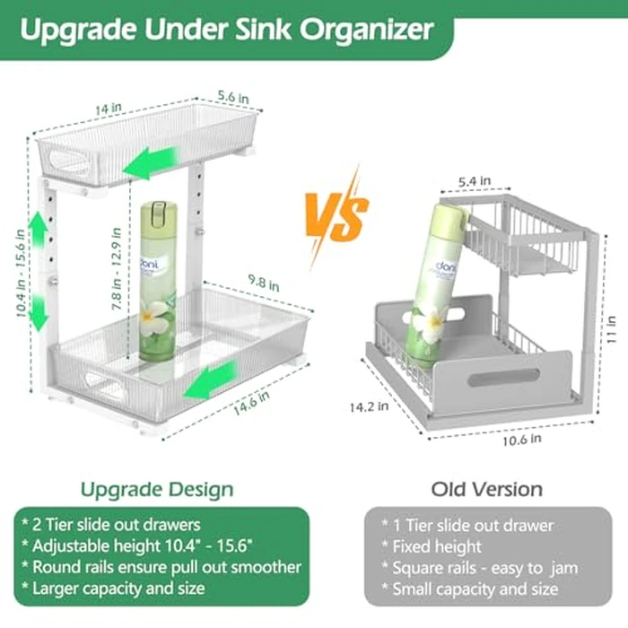 ADRIMER Under Sink Organizer 2 Packs, Pull Out Kitchen Sink Organizer Height Adjustable, 2 Tier Slide Out Kitchen Organizers and Storage Metal Cabinet Storage Shelf, Transparent & White by ADRIMER - Image 3