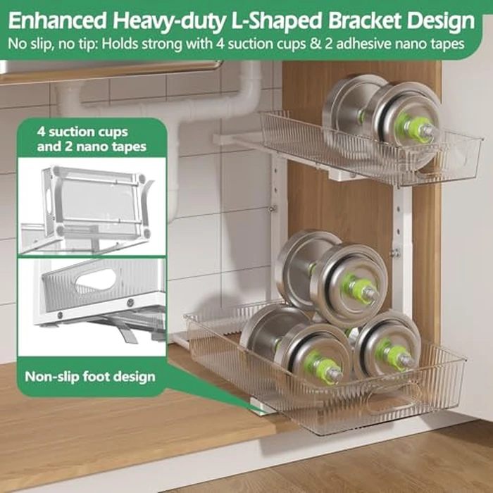 ADRIMER Under Sink Organizer 2 Packs, Pull Out Kitchen Sink Organizer Height Adjustable, 2 Tier Slide Out Kitchen Organizers and Storage Metal Cabinet Storage Shelf, Transparent & White by ADRIMER - Image 4