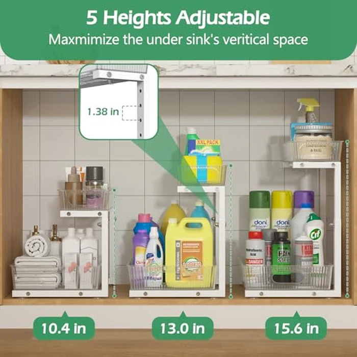 ADRIMER Under Sink Organizer 2 Packs, Pull Out Kitchen Sink Organizer Height Adjustable, 2 Tier Slide Out Kitchen Organizers and Storage Metal Cabinet Storage Shelf, Transparent & White by ADRIMER - Image 5