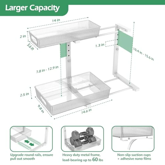 ADRIMER Under Sink Organizer 2 Packs, Pull Out Kitchen Sink Organizer Height Adjustable, 2 Tier Slide Out Kitchen Organizers and Storage Metal Cabinet Storage Shelf, Transparent & White by ADRIMER - Image 7