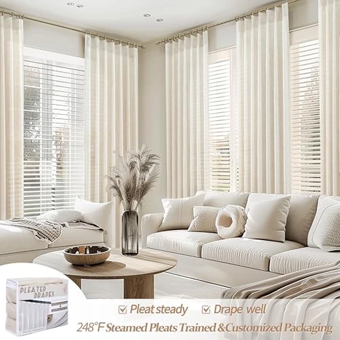 PleatedDrapes 102 Inch Long Curtains for Living Room, Light Filtering Privacy Pinch Pleated Curtain Back Tab for Track System Semi Sheer Drapes Cream Ivory Faux Linen Textured 40" W x 102" L 2 Panels by PleatedDrapes - Image 5