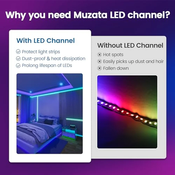 Muzata 5Pack 3.3FT/1M LED Channel Aluminum U Shape Silver LED Strip Diffuser Channel with Milky White Cover Easy Installation U1SW WW 1M by Muzata - Image 3