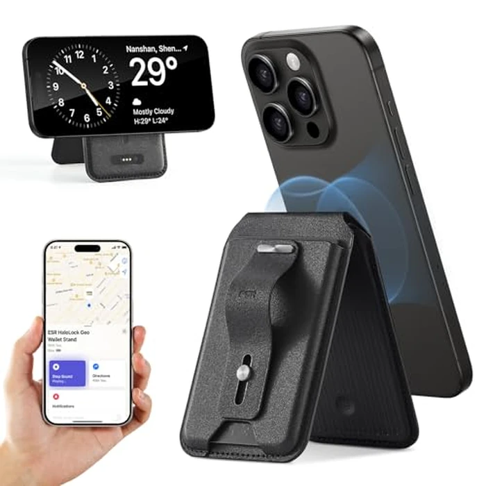 ESR for MagSafe Wallet with Full Find My Functionality, Magnetic Geo iPhone Wallet Tracker with Adjustable Stand, Up to 3,000g Magnet Strength, for iPhone 17/16/15/14/13/12, Black by ESR - Used - Acceptable condition