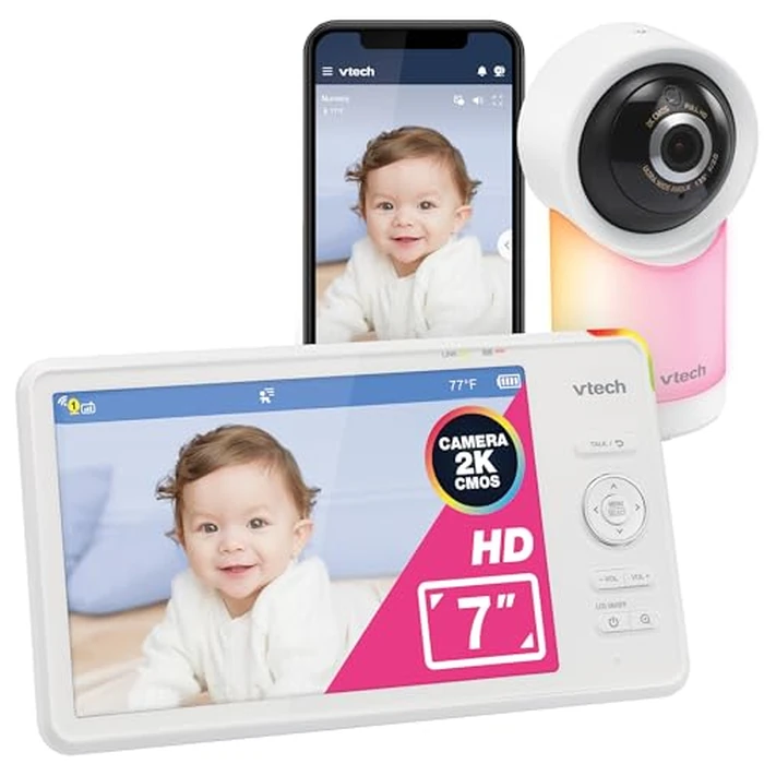 VTech Smart WiFi 7” HD Display Video Baby Monitor, 1080p HD Camera via App, Pan-Tilt-Zoom, Night Light, 2-Way Talk, 2K CMOS Video Sensor, Wide-Angle Viewing, Rechargeable Battery, Free App: RM7866HD by VTech - Used - Like New condition - US$118.27