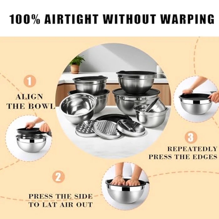 Lazycorner Mixing Bowls with Airtight Lids Set 7 Pcs Stainless Steel Bowls Set Baking Set Non-Slip Silicone Bottoms Great for Serving & Baking by Lazycorner - Image 5