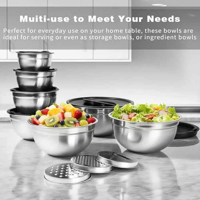 Lazycorner Mixing Bowls with Airtight Lids Set 7 Pcs Stainless Steel Bowls Set Baking Set Non-Slip Silicone Bottoms Great for Serving & Baking by Lazycorner - Image 8