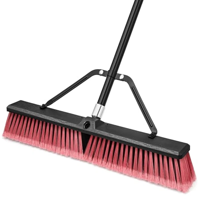 TidyBliss 24” Push Broom Outdoor Heavy Duty, Large Commercial Stiff Bristle Brush with 63 inches Long Handle for Garage Shop Garden Yard Patio Deck Street Warehouse Lawn Driveway (Red) by TidyBliss - Image 1