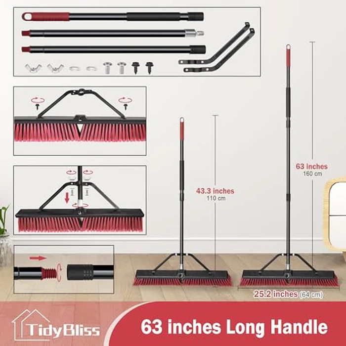 TidyBliss 24” Push Broom Outdoor Heavy Duty, Large Commercial Stiff Bristle Brush with 63 inches Long Handle for Garage Shop Garden Yard Patio Deck Street Warehouse Lawn Driveway (Red) by TidyBliss - Image 4