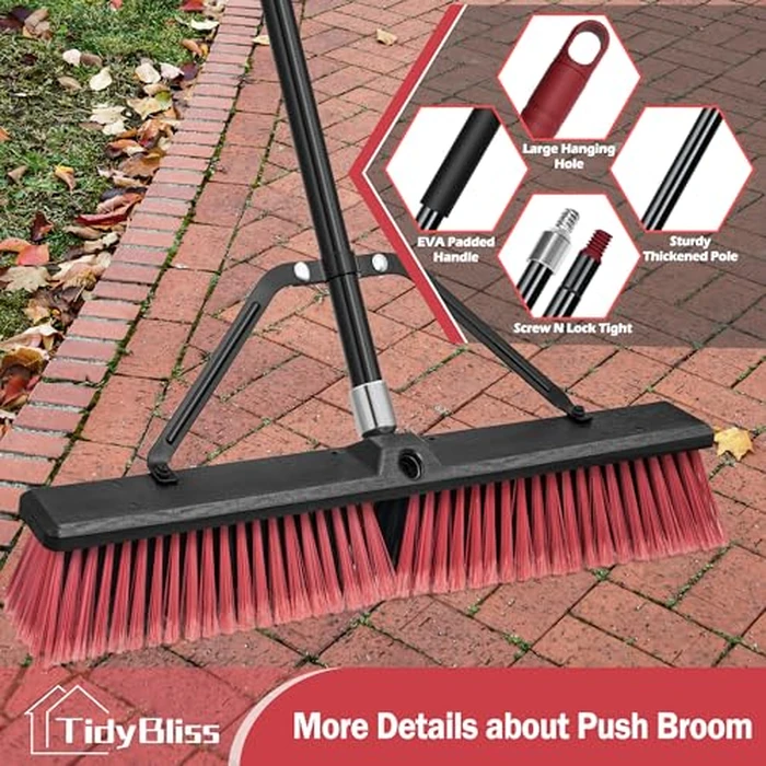 TidyBliss 24” Push Broom Outdoor Heavy Duty, Large Commercial Stiff Bristle Brush with 63 inches Long Handle for Garage Shop Garden Yard Patio Deck Street Warehouse Lawn Driveway (Red) by TidyBliss - Image 5