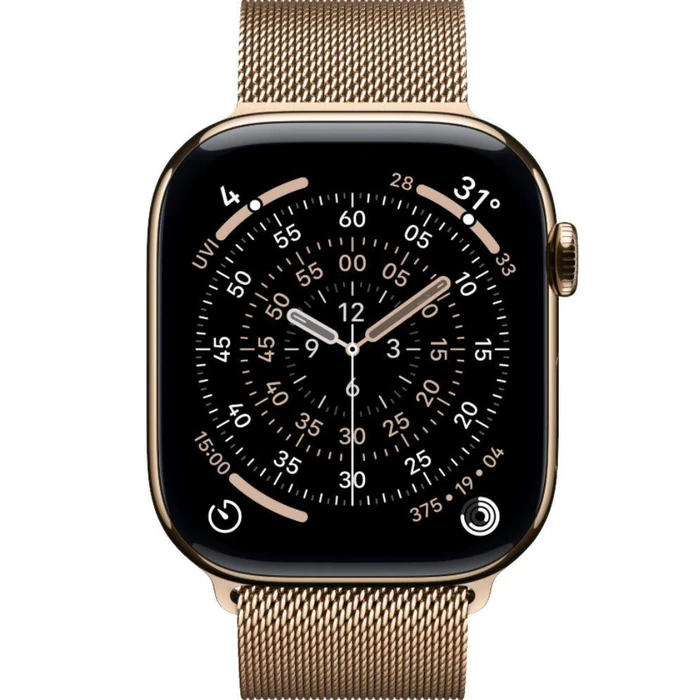 Apple Watch Series 11 (Cellular + GPS) - 64GB - 42mm - Gold Titanium Case with Gold Stainless Steel Milanese Loop Band - M/L Size by Apple - Refurbished - Premium condition - CA$1038.99