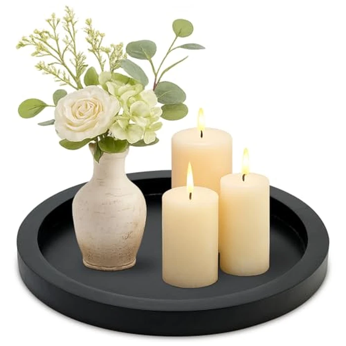 Round Decorative Tray for Coffee Dining Table Countertop Small Wooden Serving Trays Farmhouse Kitchen Home Living Room Decor and Bathroom Accessories Tray Black Rustic Wood Candle Centerpiece Trays by Ayiaren - Image 1