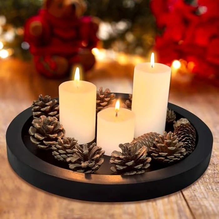 Round Decorative Tray for Coffee Dining Table Countertop Small Wooden Serving Trays Farmhouse Kitchen Home Living Room Decor and Bathroom Accessories Tray Black Rustic Wood Candle Centerpiece Trays by Ayiaren - Image 4