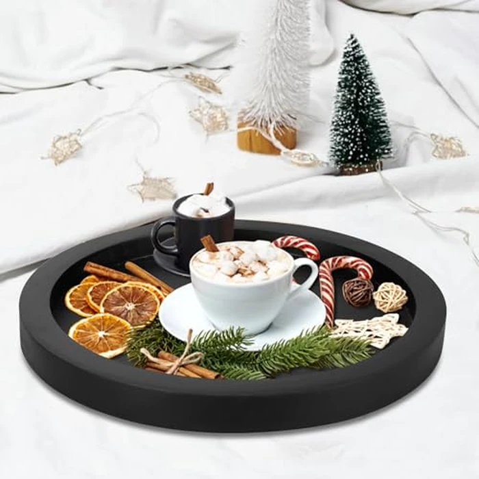 Round Decorative Tray for Coffee Dining Table Countertop Small Wooden Serving Trays Farmhouse Kitchen Home Living Room Decor and Bathroom Accessories Tray Black Rustic Wood Candle Centerpiece Trays by Ayiaren - Image 5