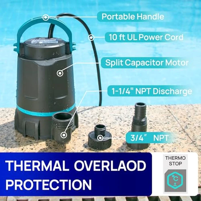 Aquastrong Sump Pump 1 HP 4500 GPH Submersible Water Pump Thermoplastic Portable Utility Pump High Flow Water Removal for Swimming Pool Garden Pond Basement Window Wells with 10ft Long Power Cord by AQUASTRONG - Image 5