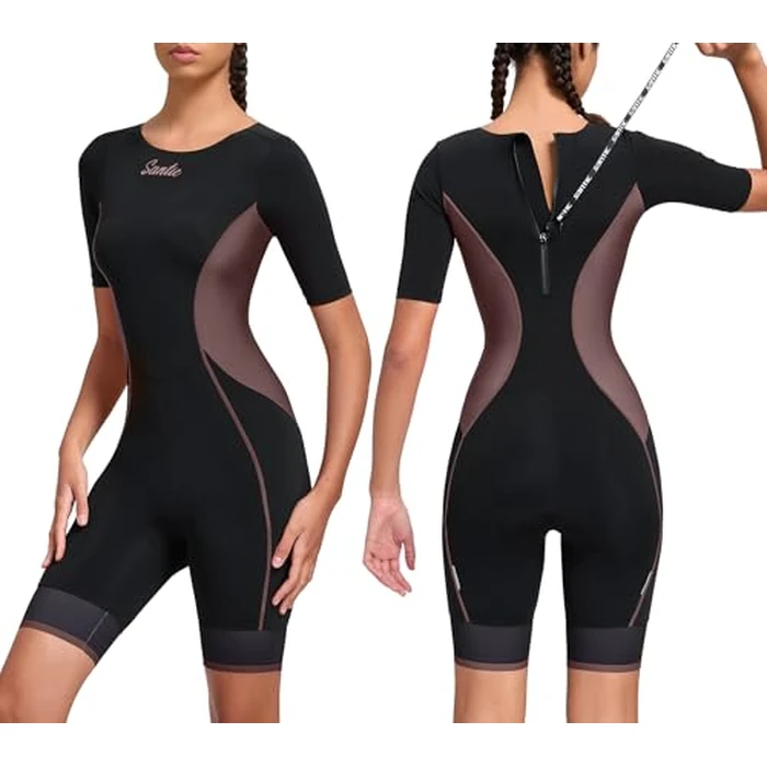 Santic Triathlon Suit for Women Short Sleeve Padded Trisuit Quick-Dry for Swim Bike Run,Brown,S by Santic - Used - Like New condition - US$28.90