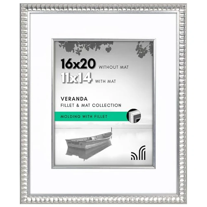 Americanflat 16x20 Picture Frame with Decorative Inner Mat Accent - Displays 11x14 Photos with Mat or 16x20 Without - Veranda Collection - Silver Vintage Frames with Polished Plexiglass by Americanflat - Used - Acceptable condition