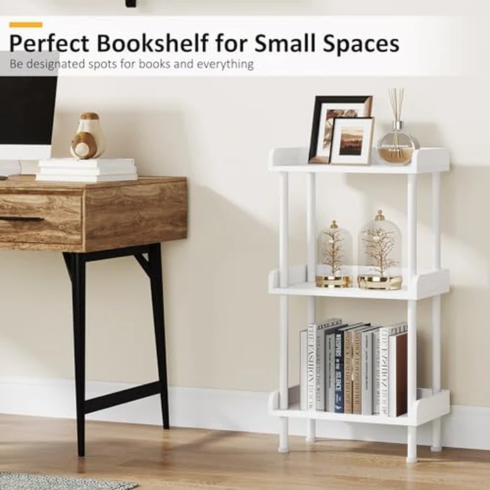 Hosfais Bookshelf Small Book Shelf, 3 Tier Wood Bookcase Industrial Bookshelf Metal Standing Book Shelves Display Book Rack for Living Room Bedroom Home Office (White) by Hosfais - Image 2