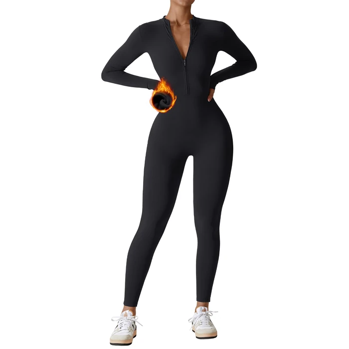 YEOREO Women Long Sleeve Workout Jumpsuit Zip Up Romper Bottom Pants Bodysuit Bodycon Sexy One Piece Fleece Black S by YEOREO - Used - Like New condition