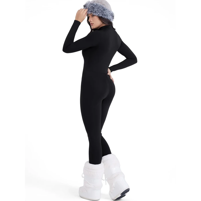 YEOREO Women Long Sleeve Workout Jumpsuit Zip Up Romper Bottom Pants Bodysuit Bodycon Sexy One Piece Fleece Black S by YEOREO - Image 2