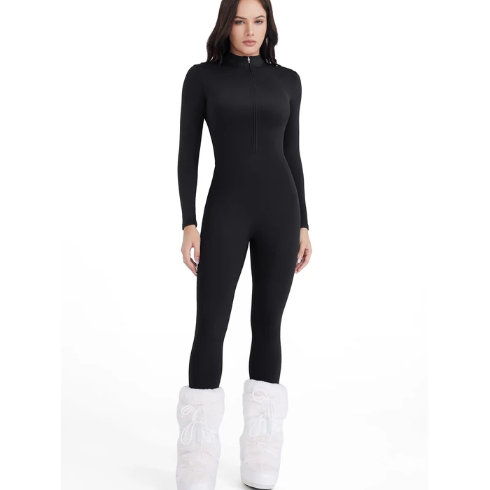 YEOREO Women Long Sleeve Workout Jumpsuit Zip Up Romper Bottom Pants Bodysuit Bodycon Sexy One Piece Fleece Black S by YEOREO - Image 3