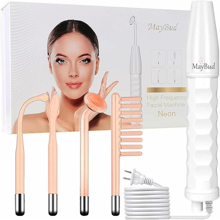 MayBud Portable Handheld High Frequency Facial Wand Skin Machine Acne Treatment Device Beauty Instrument with Glass Packaging Case - White by Maybud - Refurbished - Premium condition - CA$81.48