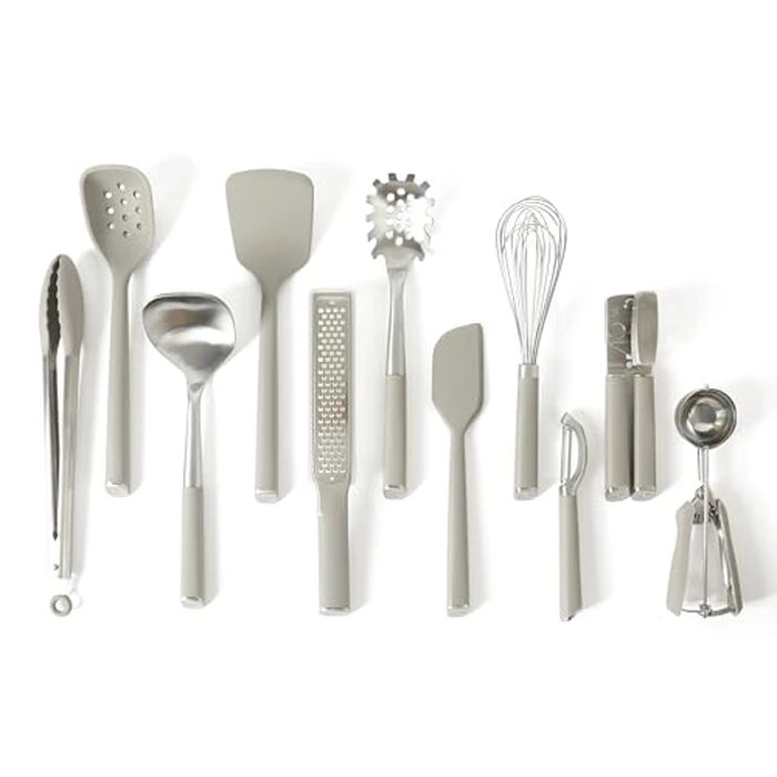Calphalon Edge 11 Piece Stainless Steel Kitchen Tool & Gadget Set in Taupe, Durable Heavy Gauge Stainless Steel Utensil Set with Silicone Accents and Non Slip Handles for Cooking by Calphalon - Used - Very Good condition - US$66.50