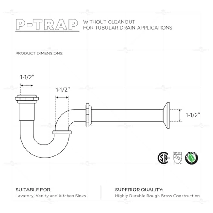 Flexcraft 12812-20 P-Trap for Tubular Drain Applications 1-1/2 in, 20GA Brass, Chrome Plated, 1-1/2" by Highcraft - Image 3