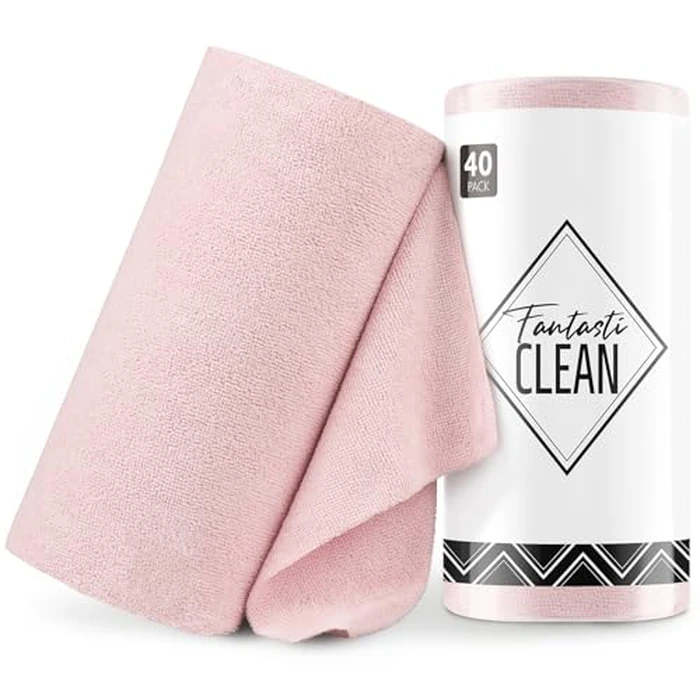Fantasticlean Microfiber Cleaning Cloth Roll -40 Pack, Tear Away Microfiber Towels, 12" x 12", Reusable, Washable, Lint Free, Ultra Absorbent Dishcloth for Car, Pet, Kitchen Cleaning Supplies (Pink) by Fantasticlean - Used - Like New condition - US$16.79