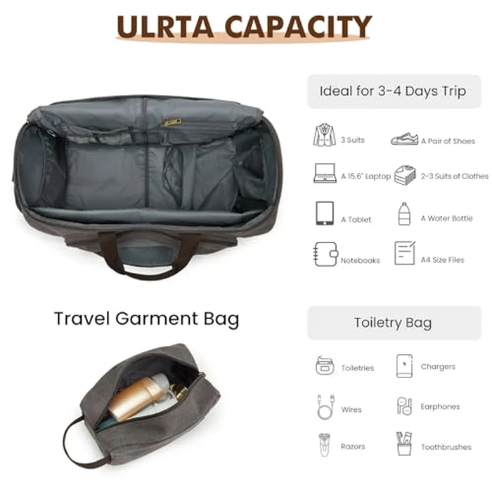 S-ZONE Carry On Garment Bag for Travel Convertible Garment Duffle Bag Suit Bags for Men Women Travel 2 in 1 Hanging Suitcase Business Travel Bag with Toiletry Bag, Gery, 50l by S-ZONE - Image 7