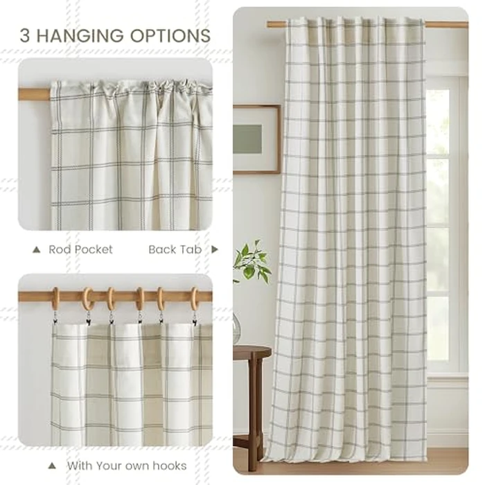 NICETOWN Buffalo Plaid Curtains 84 inch Long,Farmhouse Rustic Linen Window Treatment Covering for Laundry Bedroom Living Room Window Cafe Curtains,1 Pair,52" W x 84" L,White by NICETOWN - Image 2