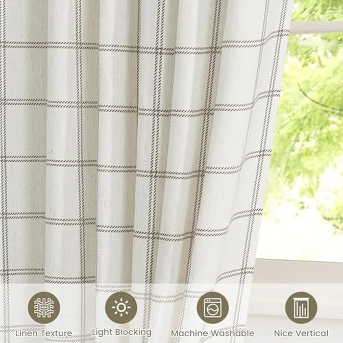 NICETOWN Buffalo Plaid Curtains 84 inch Long,Farmhouse Rustic Linen Window Treatment Covering for Laundry Bedroom Living Room Window Cafe Curtains,1 Pair,52" W x 84" L,White by NICETOWN - Image 5