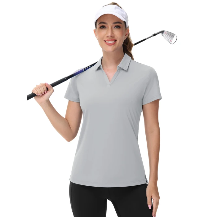 TACVASEN SPF Polos for Women Golf Shirts V Neck Tops Short Sleeve Collared Shirt UV Prtection Quick Dry Polo, Light Grey, L by TACVASEN - Image 5