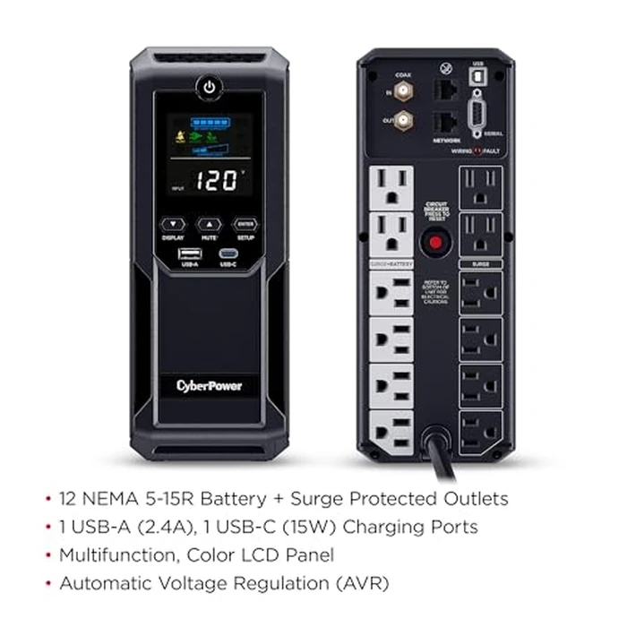 CyberPower CP1500AVRLCD3 Intelligent LCD UPS System, 1500VA/900W, 12 Outlets, 2 USB Ports, AVR, Mini Tower, Black by CyberPower - Image 5