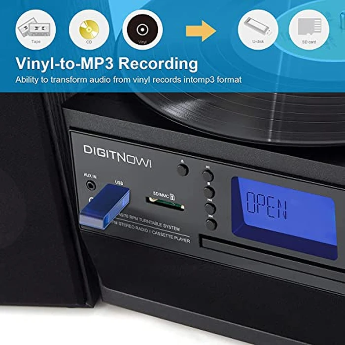 DIGITNOW Bluetooth Record Player Turntable with Stereo Speaker, LP Vinyl to MP3 Converter with CD, Cassette, Radio, Aux in and USB/SD Encoding, Remote Control, Audio Music Player Built in Amplifier by DIGITNOW - Image 7