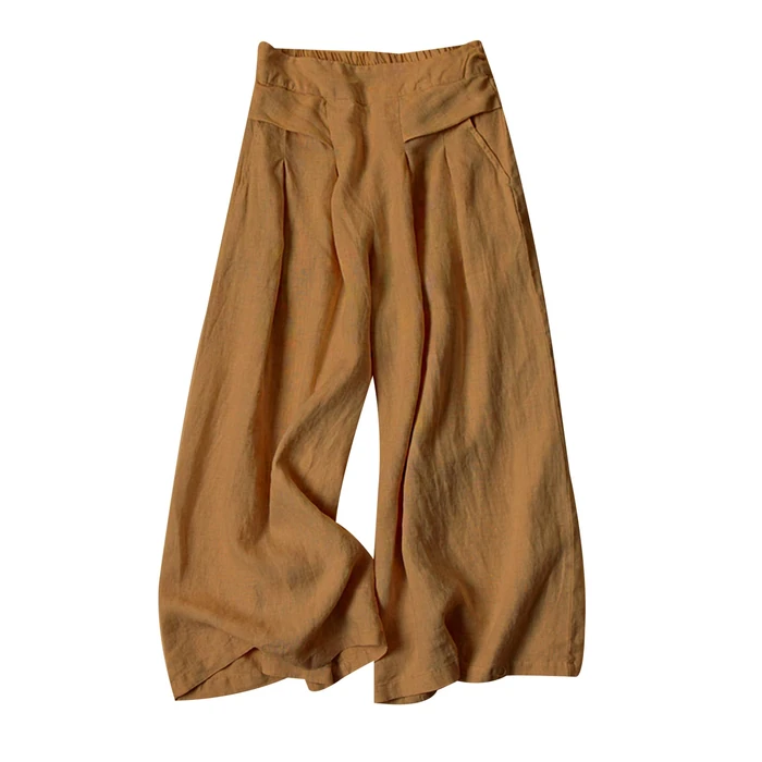 Gihuo Women' s Culottes Linen Blend Wide Leg Pants Elastic Waist Casual Palazzo Trousers with Pockets Capris(Brown-L) by Gihuo - Used - Like New condition - US$24.99