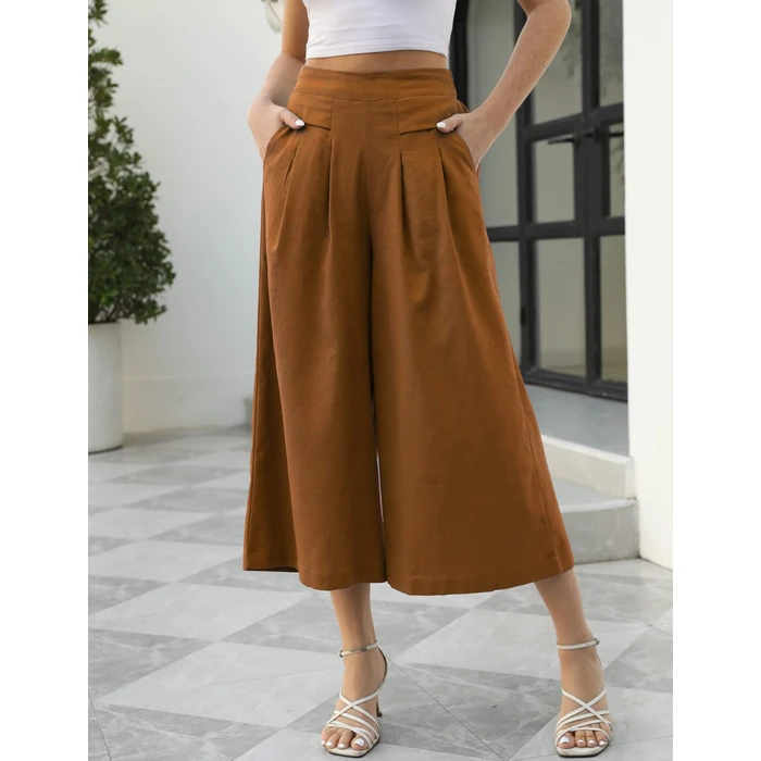 Gihuo Women' s Culottes Linen Blend Wide Leg Pants Elastic Waist Casual Palazzo Trousers with Pockets Capris(Brown-L) by Gihuo - Image 2