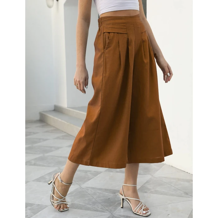Gihuo Women' s Culottes Linen Blend Wide Leg Pants Elastic Waist Casual Palazzo Trousers with Pockets Capris(Brown-L) by Gihuo - Image 7