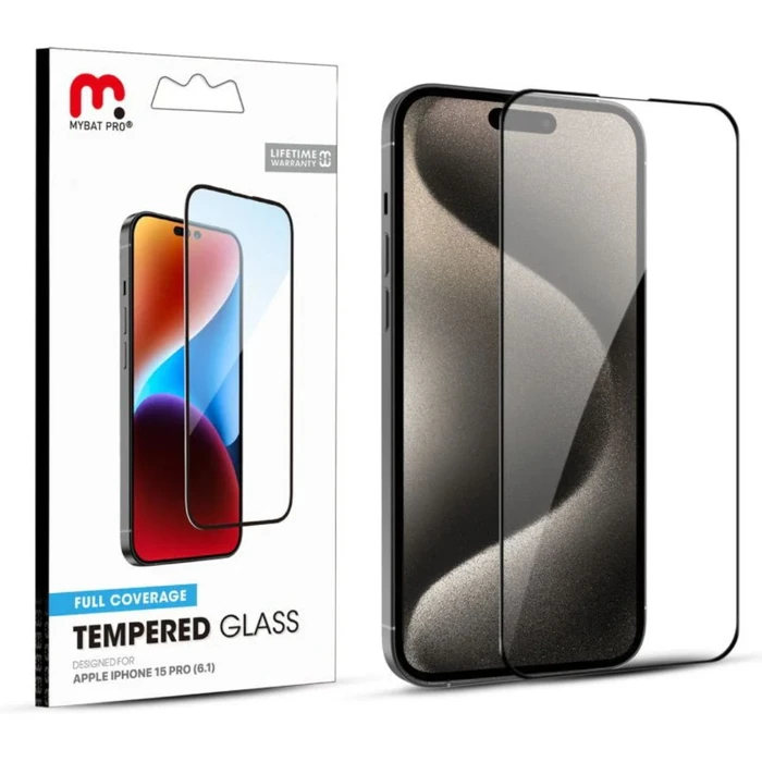 MyBat Pro Full Coverage Tempered Glass Screen Protector for iPhone 15 Pro - Transparent/Black - Brand New by MyBat Pro - Refurbished - Brand New condition