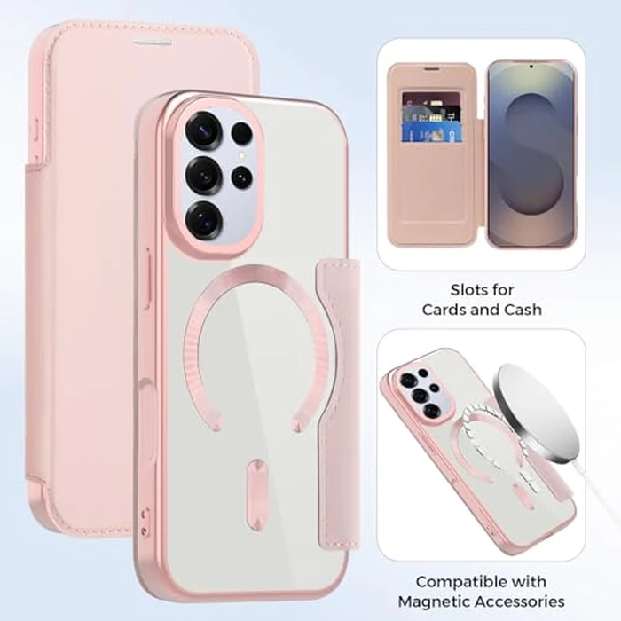 Asuwish Phone Case for Samsung Galaxy S24 Ultra 5G Magnetic Wallet Cover with Tempered Glass Screen Protector Credit Card Holder RFID Blocking Cell Accessories S24Ultra 24S S 24 24Ultra Women Pink by Asuwish - Image 3