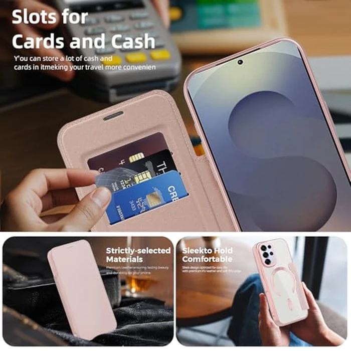Asuwish Phone Case for Samsung Galaxy S24 Ultra 5G Magnetic Wallet Cover with Tempered Glass Screen Protector Credit Card Holder RFID Blocking Cell Accessories S24Ultra 24S S 24 24Ultra Women Pink by Asuwish - Image 4