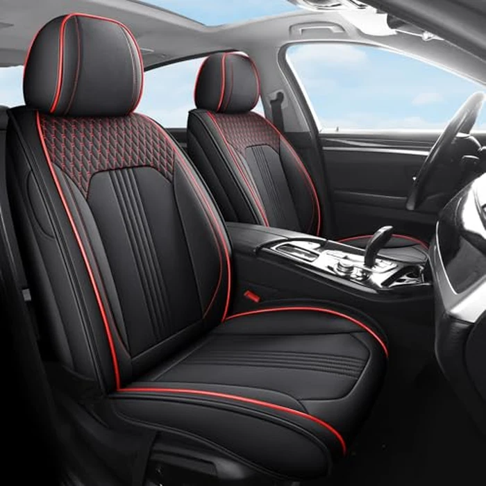 Car Seat Covers Full Set, Premium Leather Car Seat Protector, Breathable Anti-Slip Full Wrapping Edge Seat Covers, Universal Fit for Most Sedans,SUVs,Mid-Size Trucks (Black&Red Line,Full Set) by FaiFani - Image 1