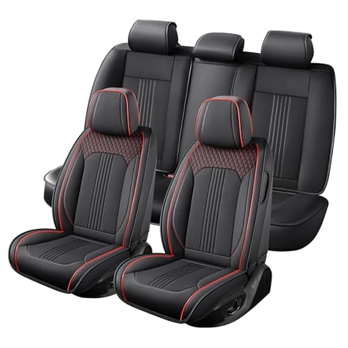 Car Seat Covers Full Set, Premium Leather Car Seat Protector, Breathable Anti-Slip Full Wrapping Edge Seat Covers, Universal Fit for Most Sedans,SUVs,Mid-Size Trucks (Black&Red Line,Full Set) by FaiFani - Image 2